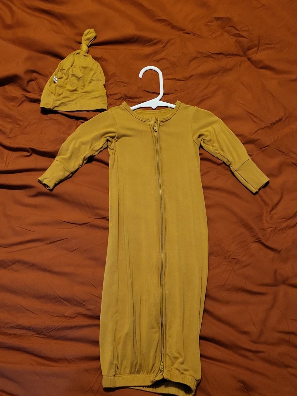 Free Birdies Bamboo Mustard Yellow Baby Zipper Gown with Knot Hat
